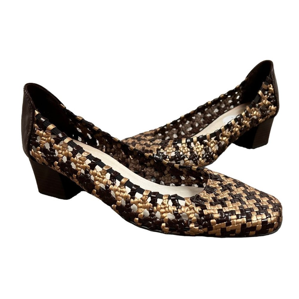 Peko Woven Braided Leather Slip On Pumps Heels Shoes Brown Gold Womens US 8 UK 6